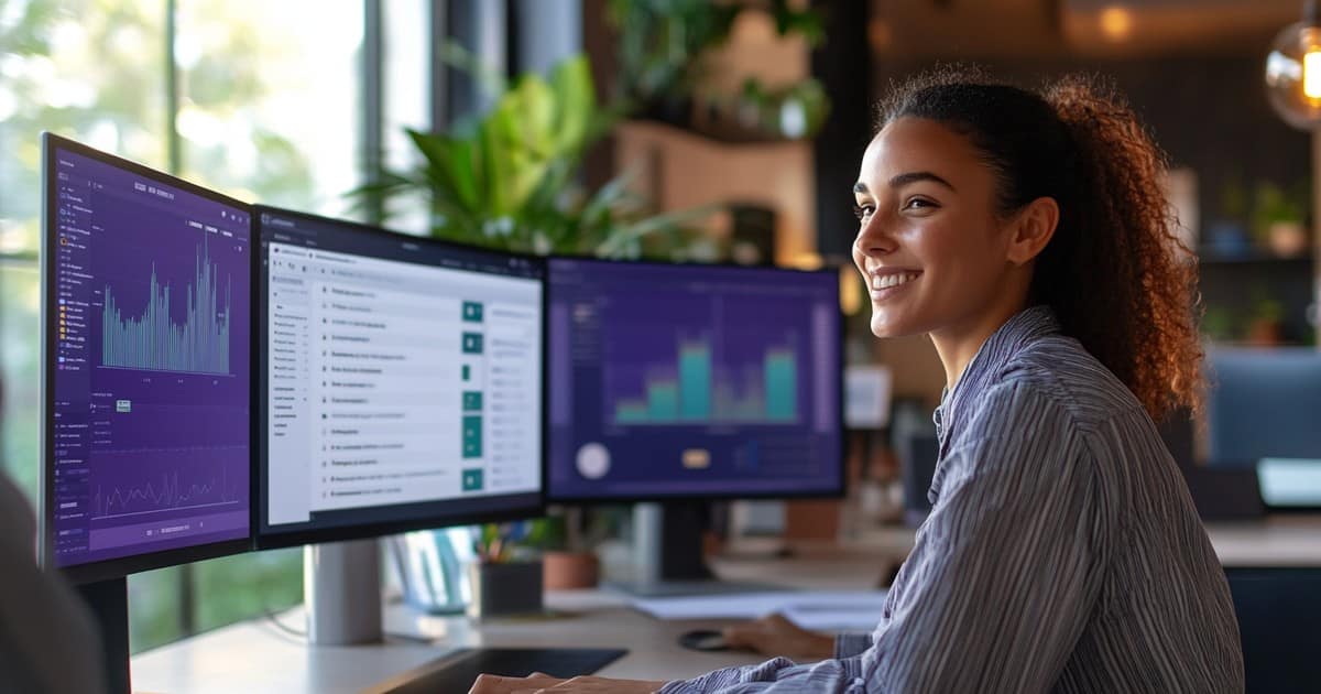 SEO agency professionals at a modern workspace with Google Maps analytics and ranking dashboards